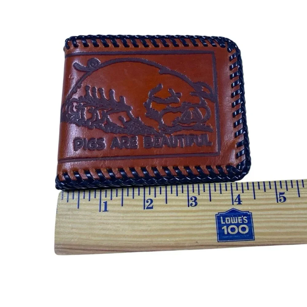 Vtg 1970 Hand Tooled Leather Bifold Wallet Pigs Are Beautiful Whipstitch Western